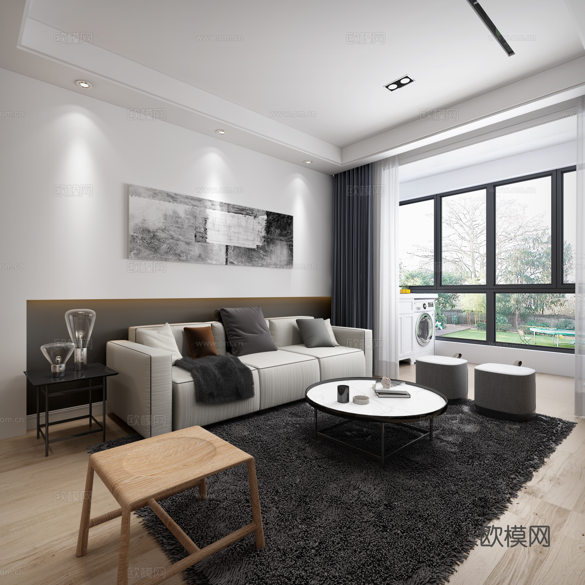 现代黑白客餐厅 沙发 茶几 地毯 吊灯 摆件 电视柜 电3d模型