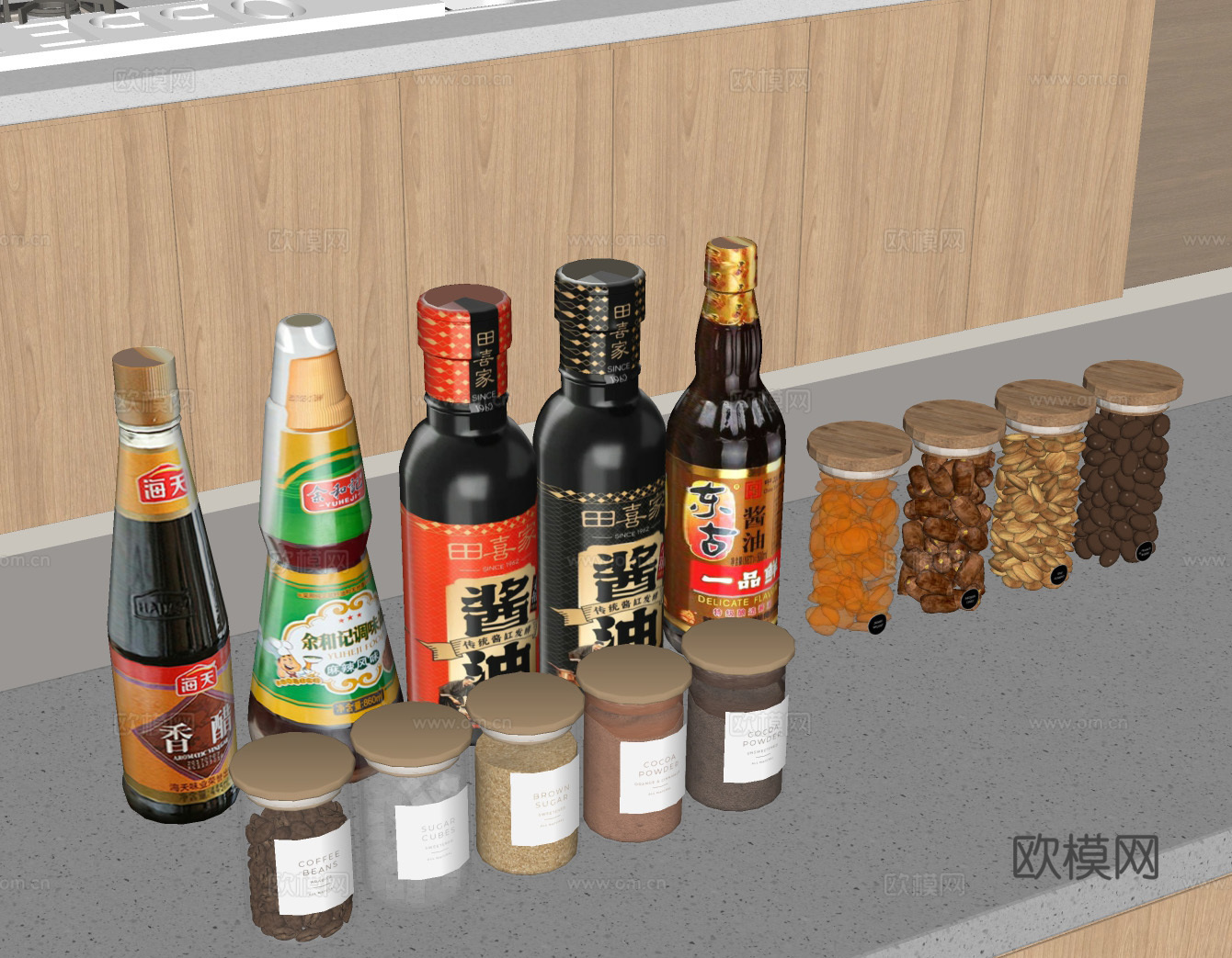 厨房调味收纳 食材储物罐 厨房台面布置 调味品集合 玻璃密封su模型