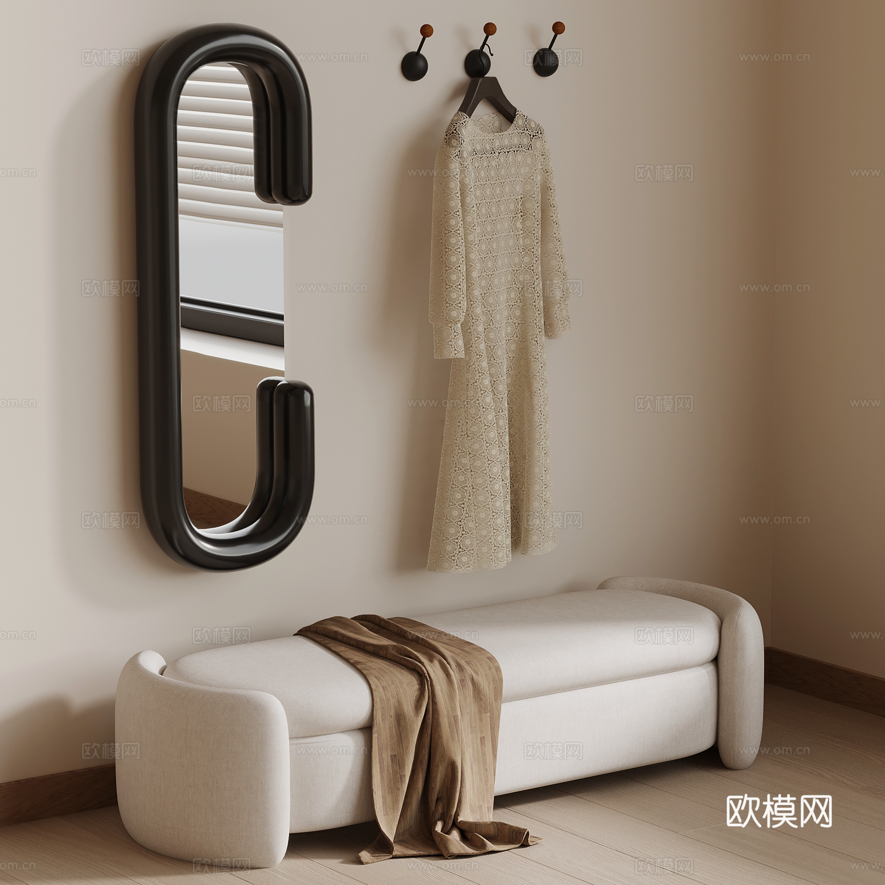 26法式奶油风换鞋凳 换衣镜 挂衣钩3d模型