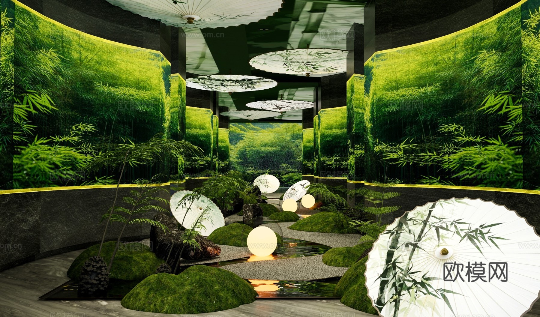 竹林文化艺术展厅 竹文化空间美学 油纸伞灯光装置 竹林溪径su模型