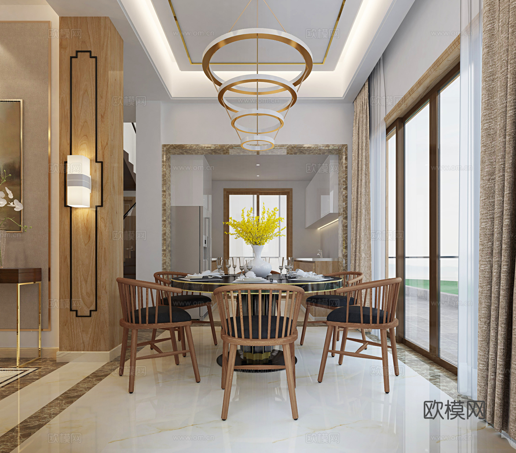 现代别墅餐厅 餐桌椅 吊灯3d模型
