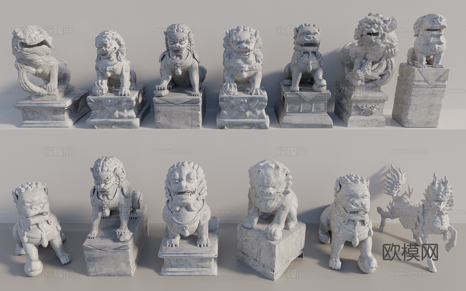 中式石狮子 麒麟 石像 神兽雕塑小品 瑞兽3d模型