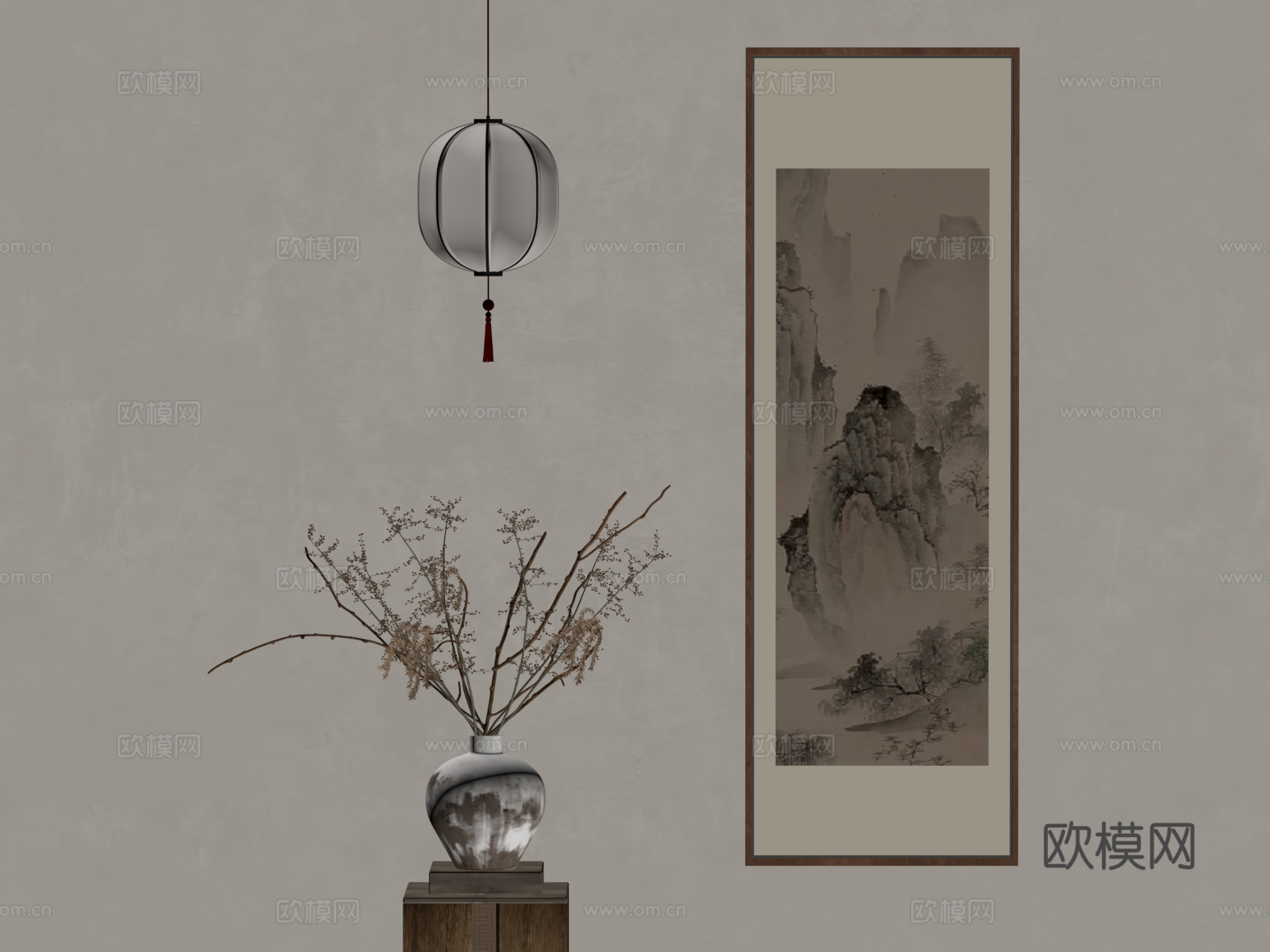 10新中式挂画 花瓶 吊灯su模型