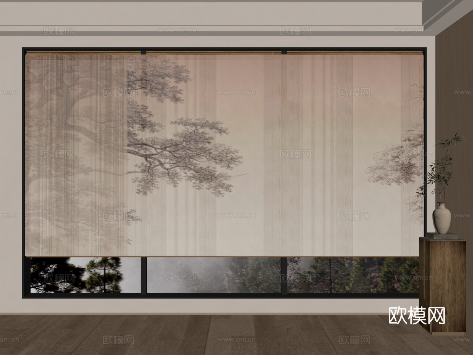 新中式窗帘 卷帘su模型