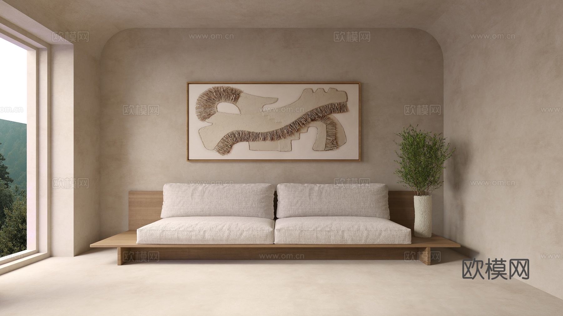 侘寂风沙发 布艺沙发 装饰画 肌理画 挂画 花瓶花艺中古沙发3d模型