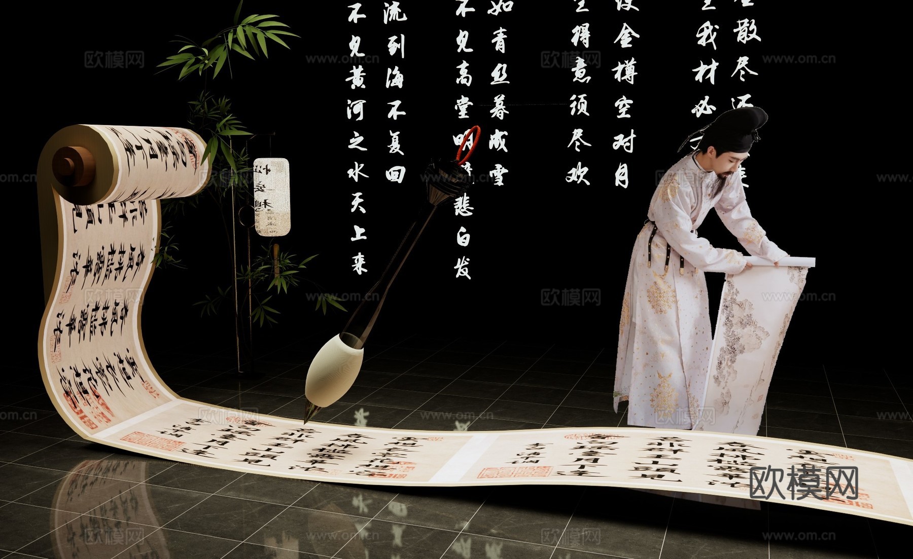 唐诗宋词卷轴美陈 书法卷轴造景 毛笔书法艺术装置 诗仙李白su模型