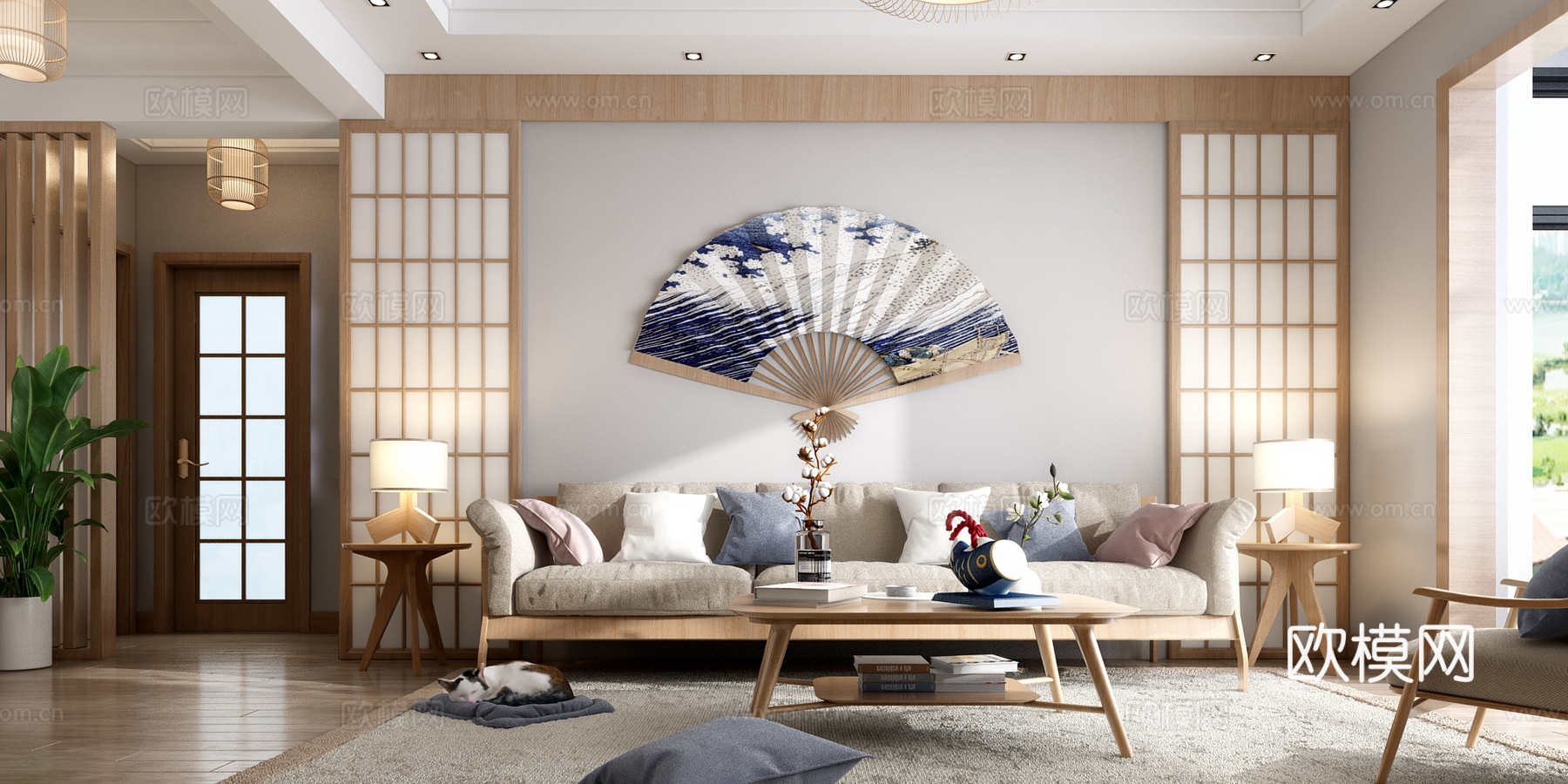 日式客餐厅 沙发 茶几 吊灯 电视柜 挂画 边柜 餐桌椅3d模型