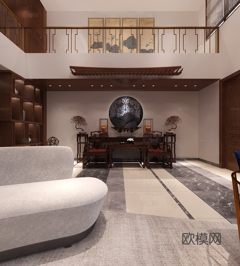 新中式客餐厅 吊灯 餐桌 壁画 电视背景3d模型