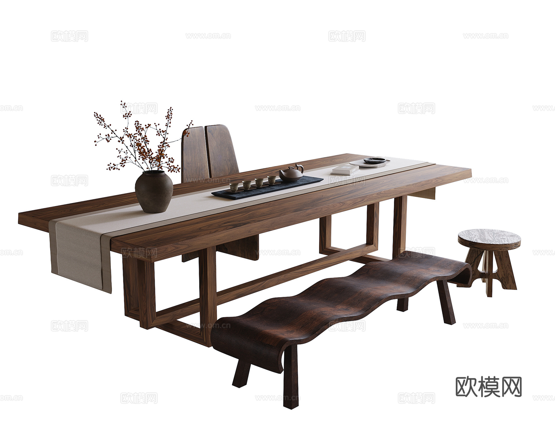 现代茶桌椅 茶桌 凳子 长凳3d模型