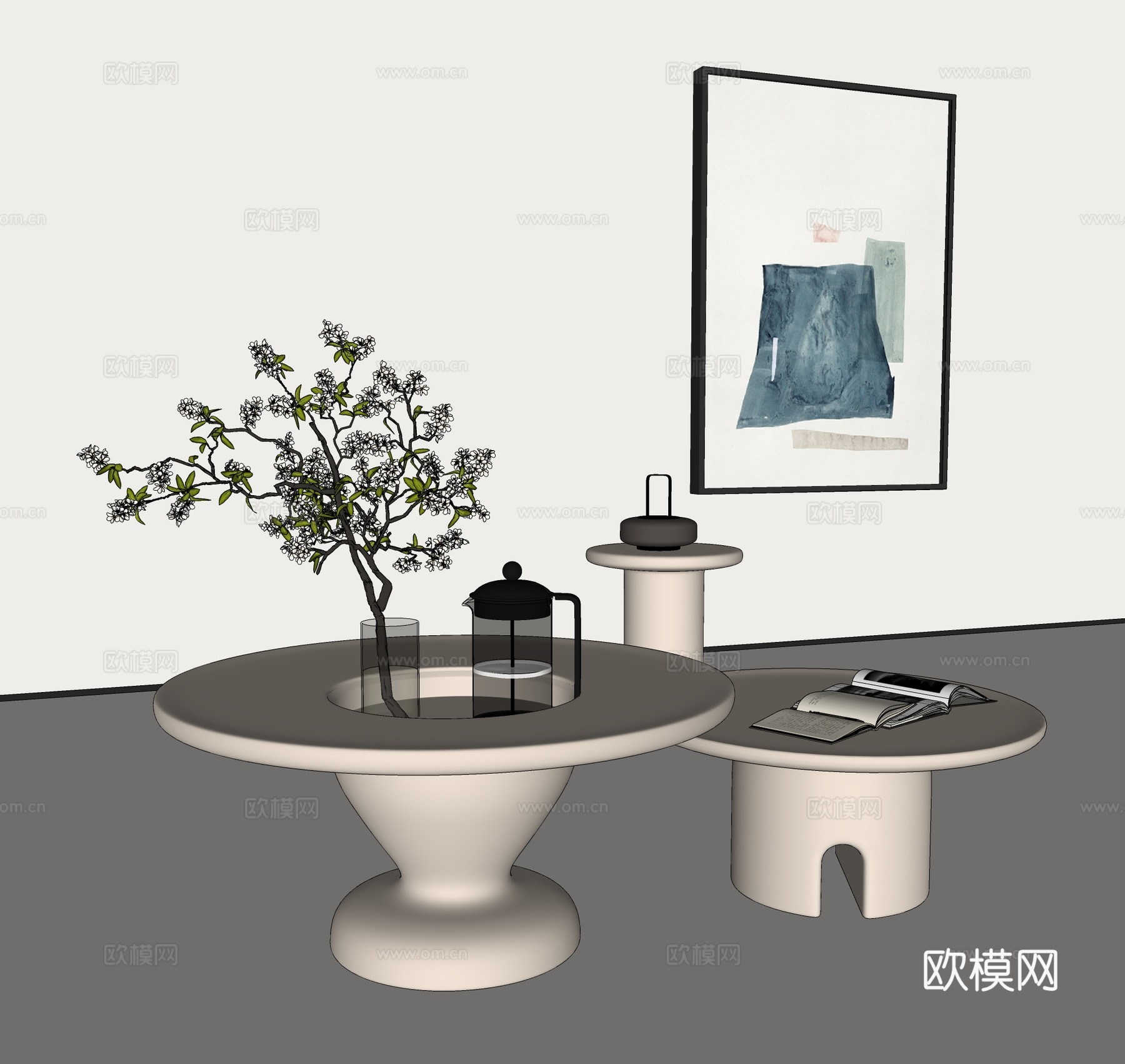 现代茶几组合 奶油风茶几组合 圆形茶几 边几角几su模型