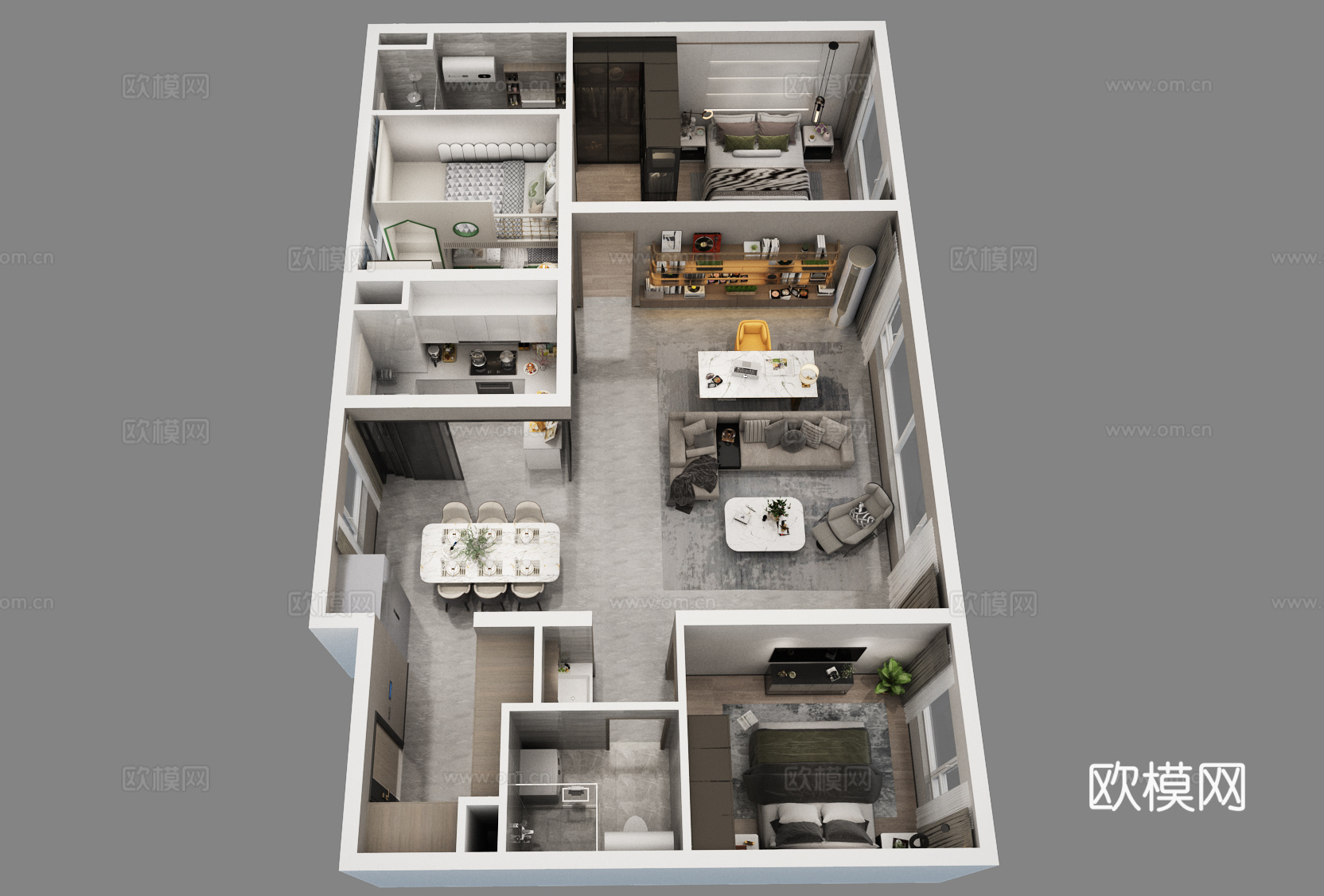 现代家装样板间鸟瞰图3d模型