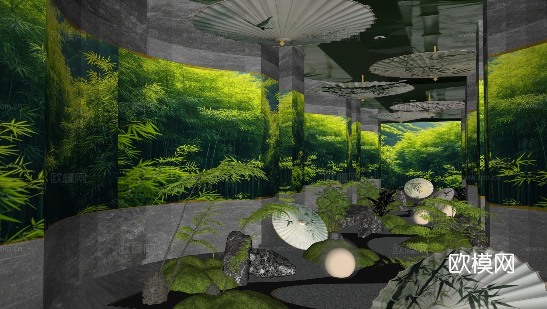 竹林文化艺术展厅 竹文化空间美学 油纸伞灯光装置 竹林溪径su模型