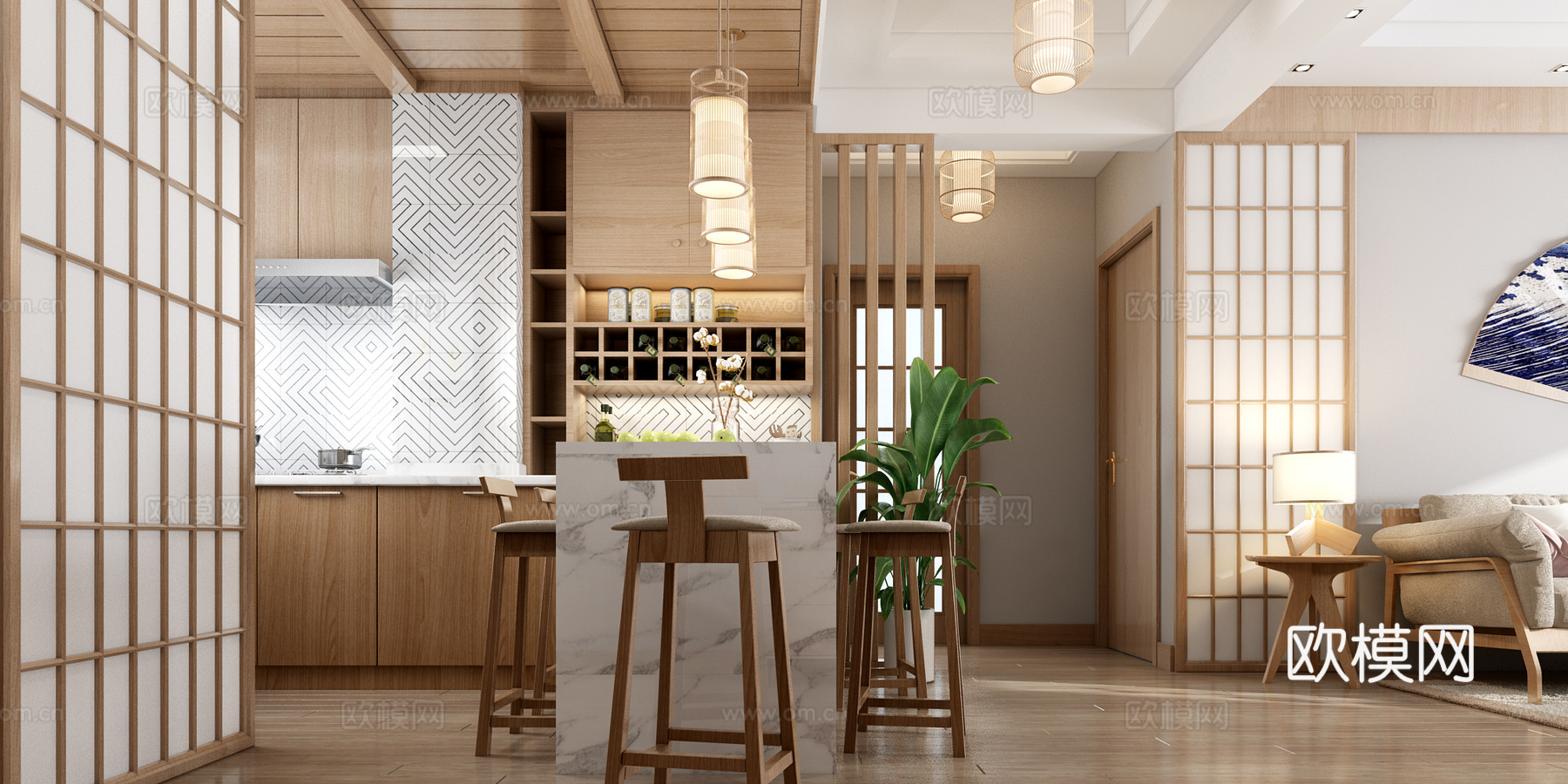 日式客餐厅 沙发 茶几 吊灯 电视柜 挂画 边柜 餐桌椅3d模型