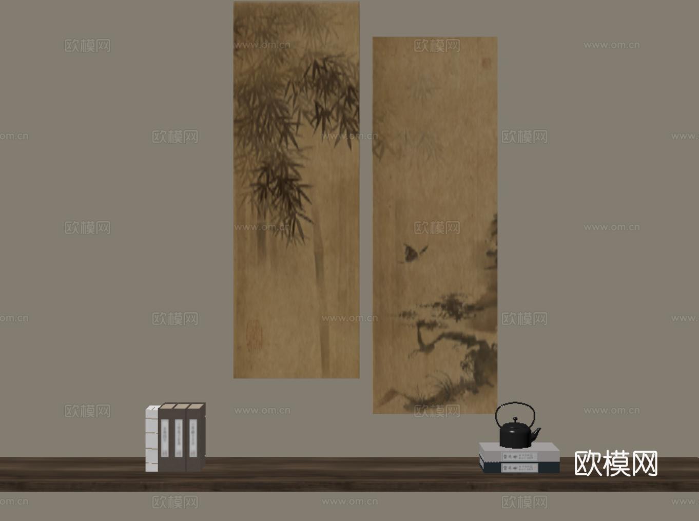 新中式古韵挂画 禅意装饰画 宋代植物画 竹子su模型