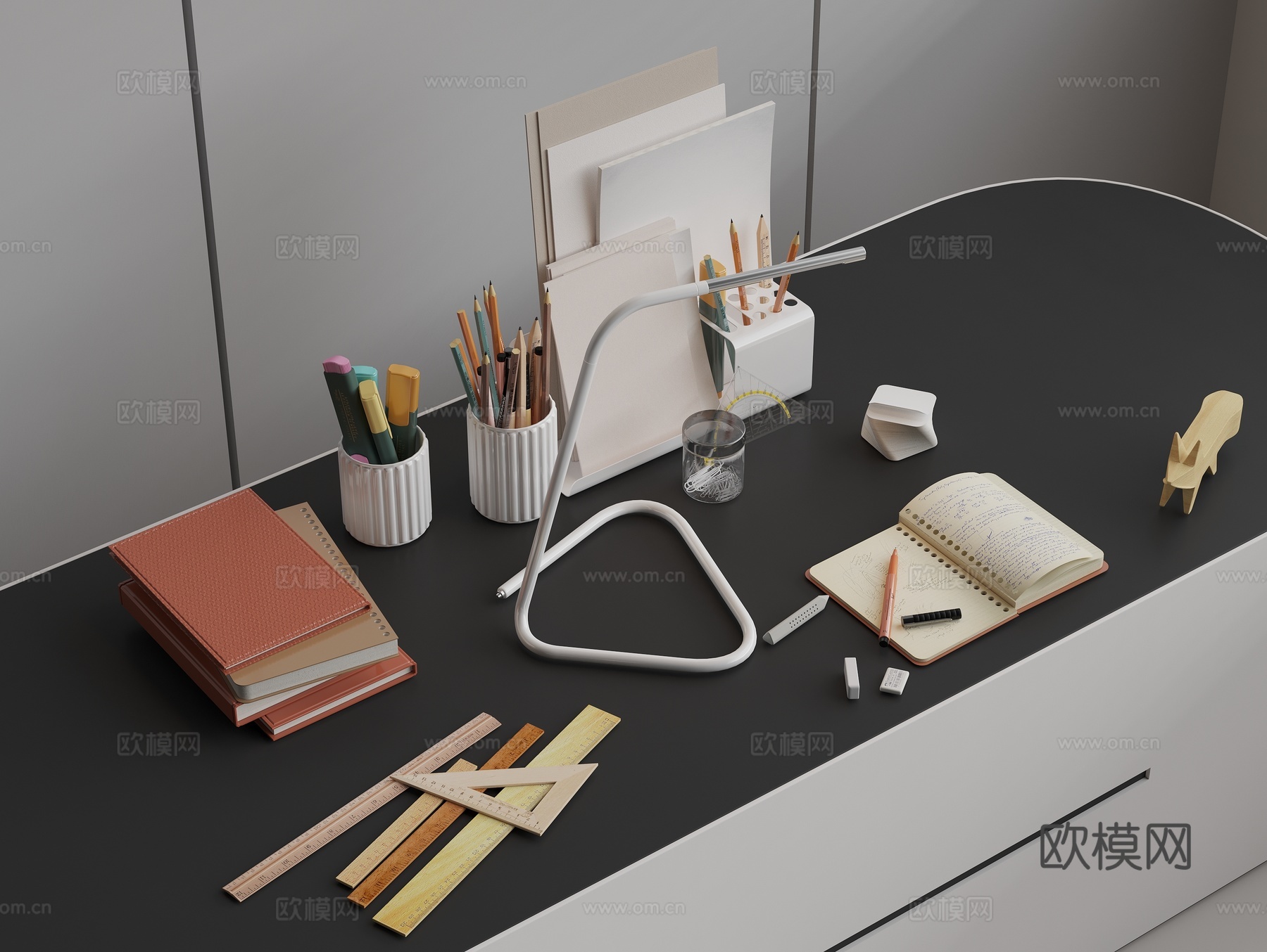 文具 记事本 纸张 尺子 笔 笔筒 简易台灯3d模型