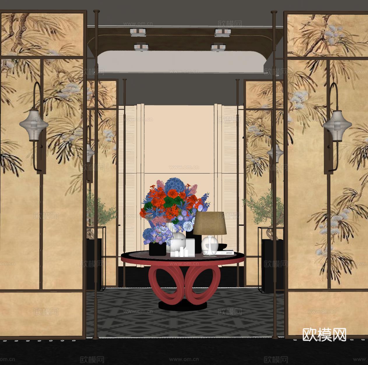 现代大厅 酒店大厅 会所大厅 花艺摆台组合 屏风隔断su模型