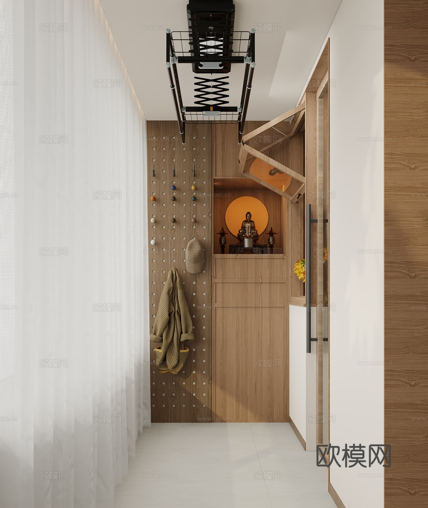 现代阳台 窗帘 衣架 服装 佛像 佛龛3d模型