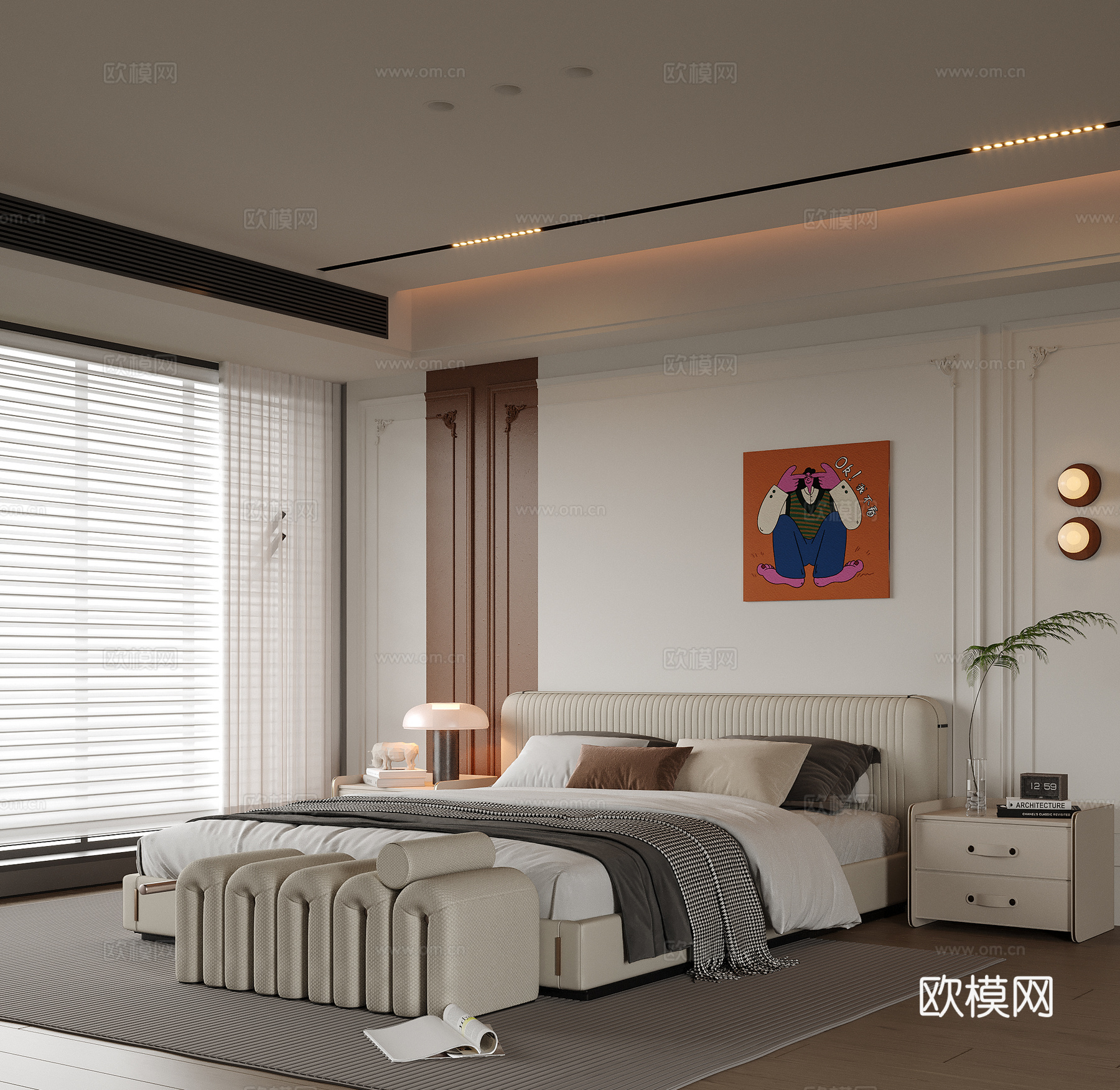 现代卧室 双人床 床头柜 床尾凳su模型