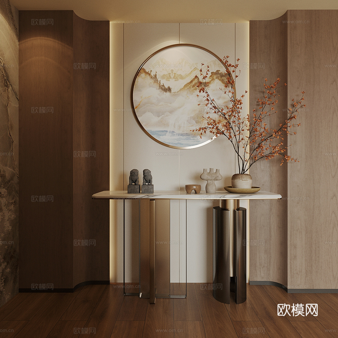 新中式条案 新中式玄关 宋式玄关条案 金属端景条案 花艺插花3d模型