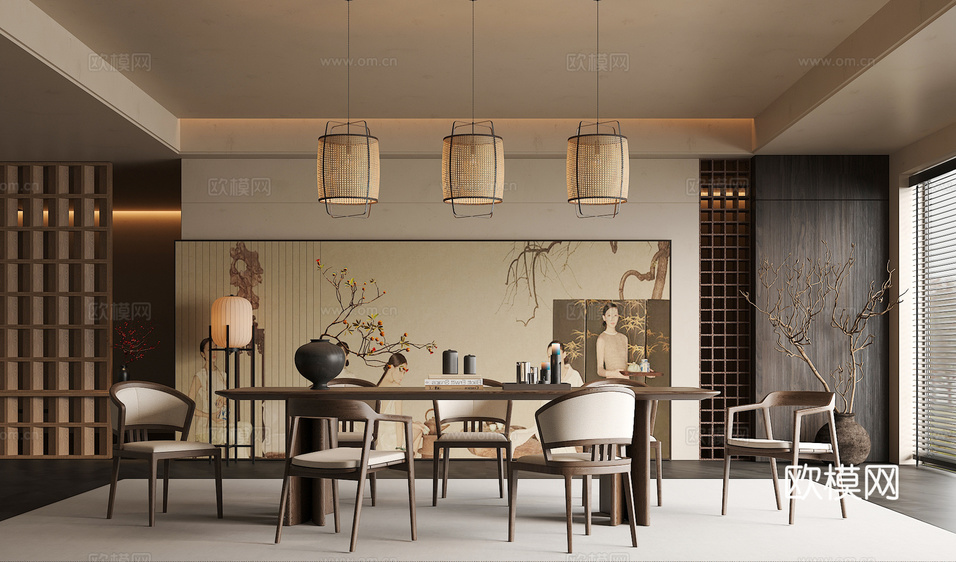 宋氏中古風(fēng)餐廳 餐桌椅組合 吊燈 綠植擺件 玄關(guān)柜3d模型下載