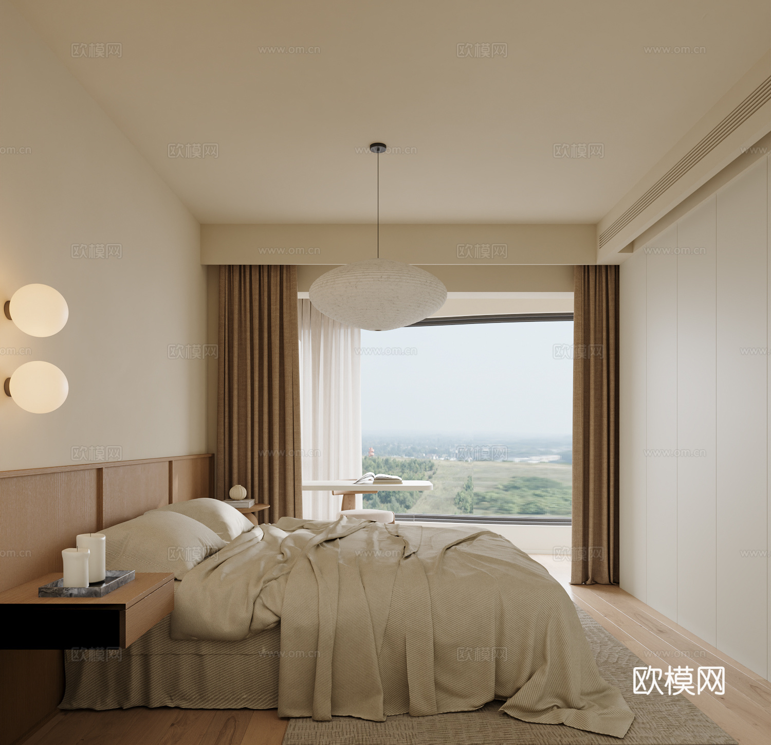 现代奶油风卧室3d模型