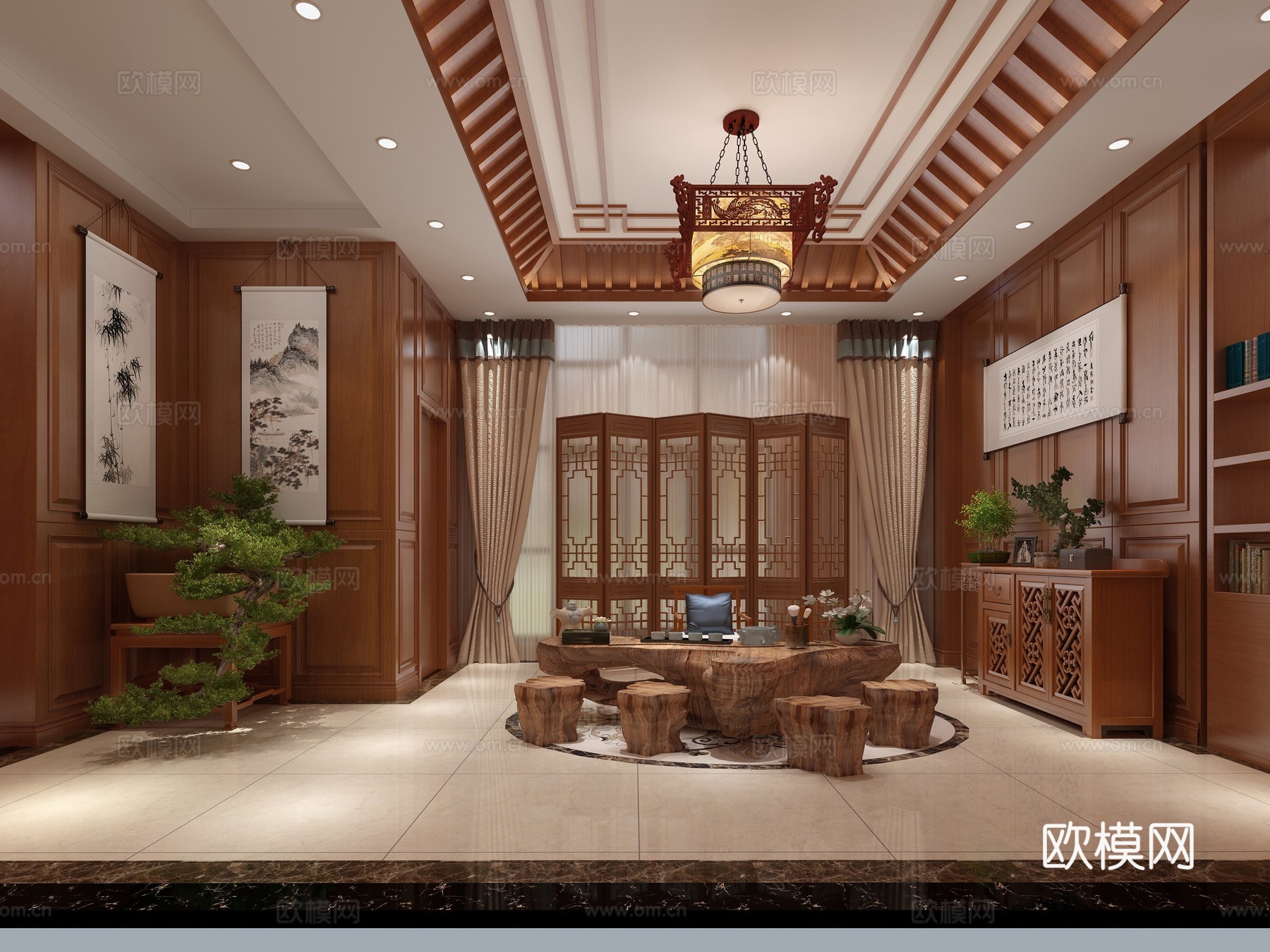 中式客餐厅 沙发 装饰画 吊灯3d模型