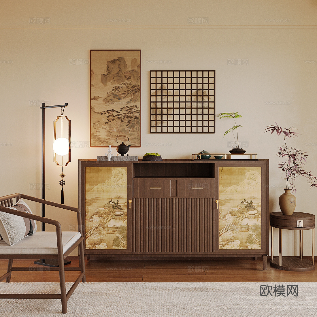 新中式玄关柜 新中式禅意玄关柜 新中式装饰柜 装饰柜摆件组合3d模型