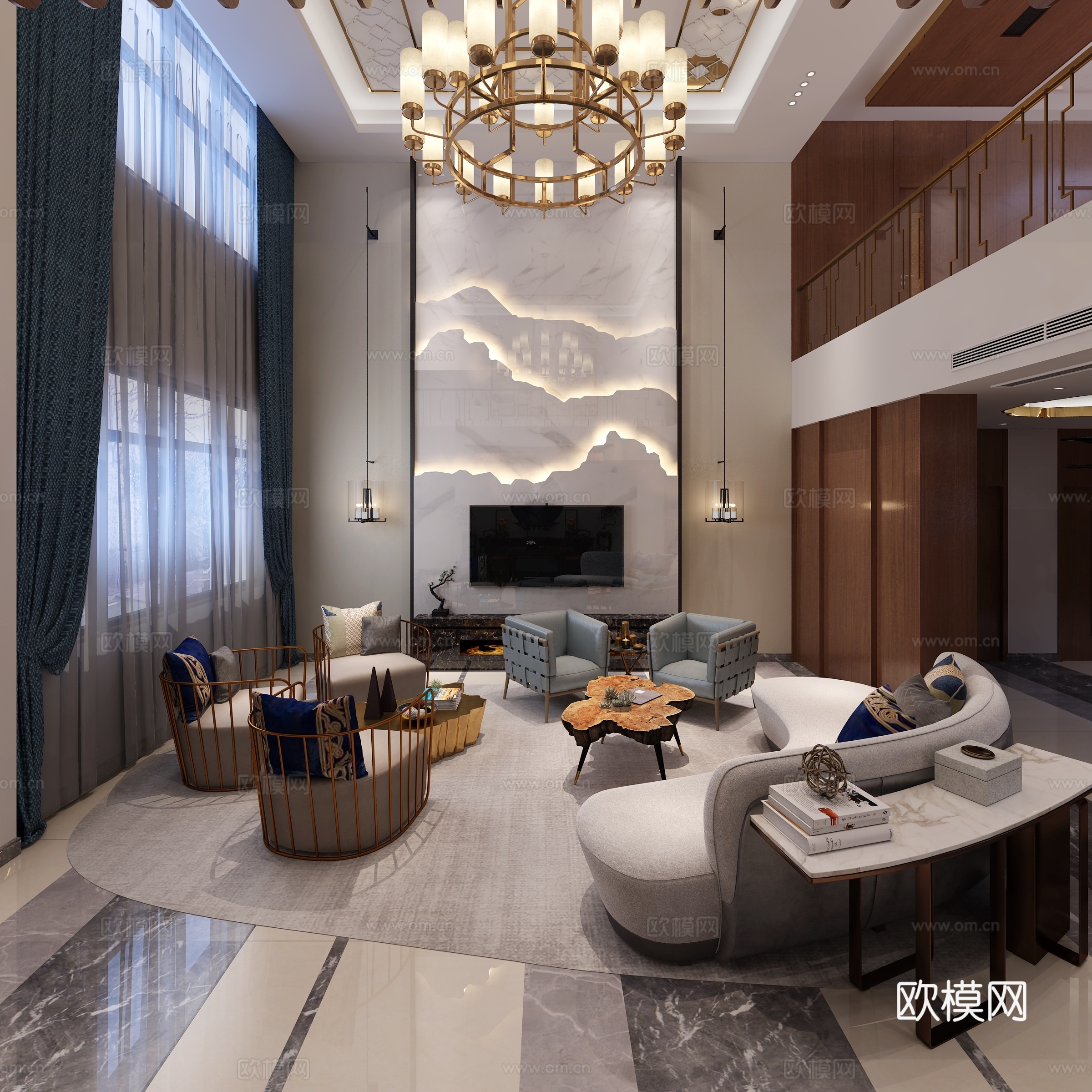 新中式客餐厅 吊灯 餐桌 壁画 电视背景3d模型