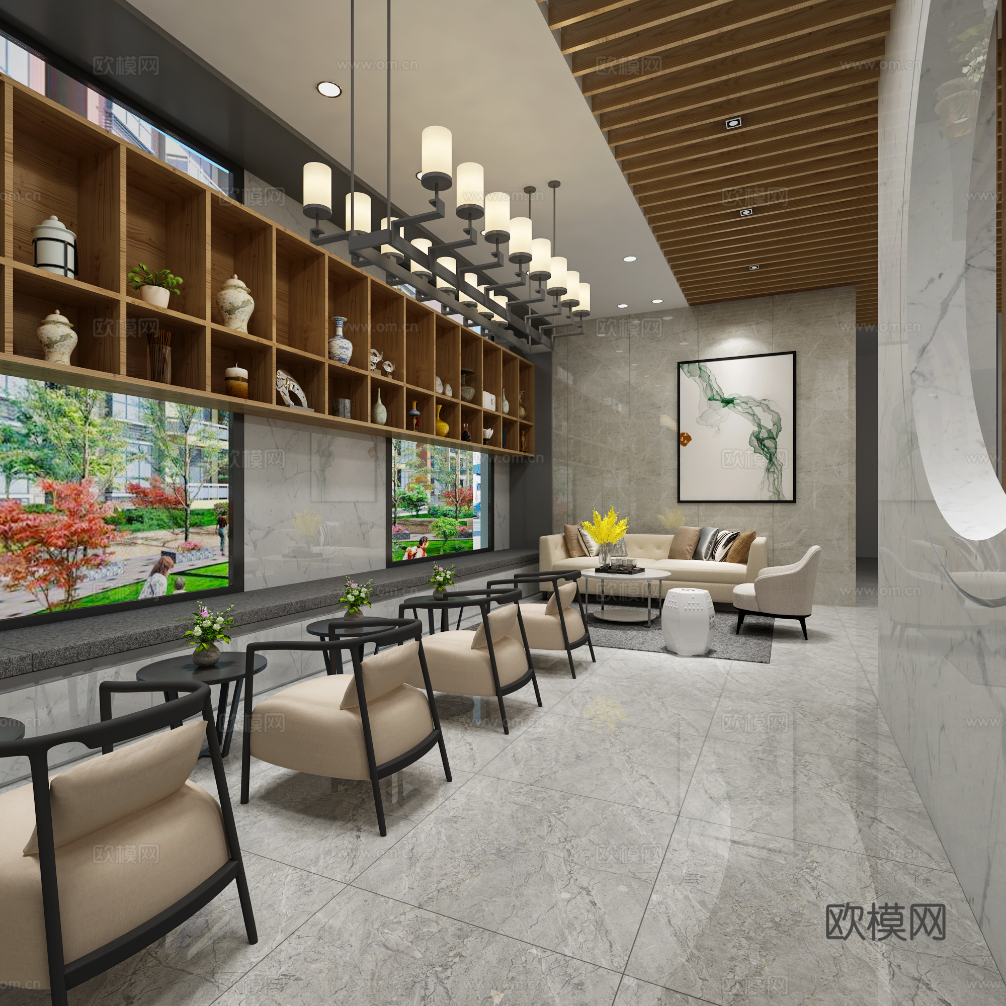 新中式办公休息区 阅览室 前厅 茶水间3d模型