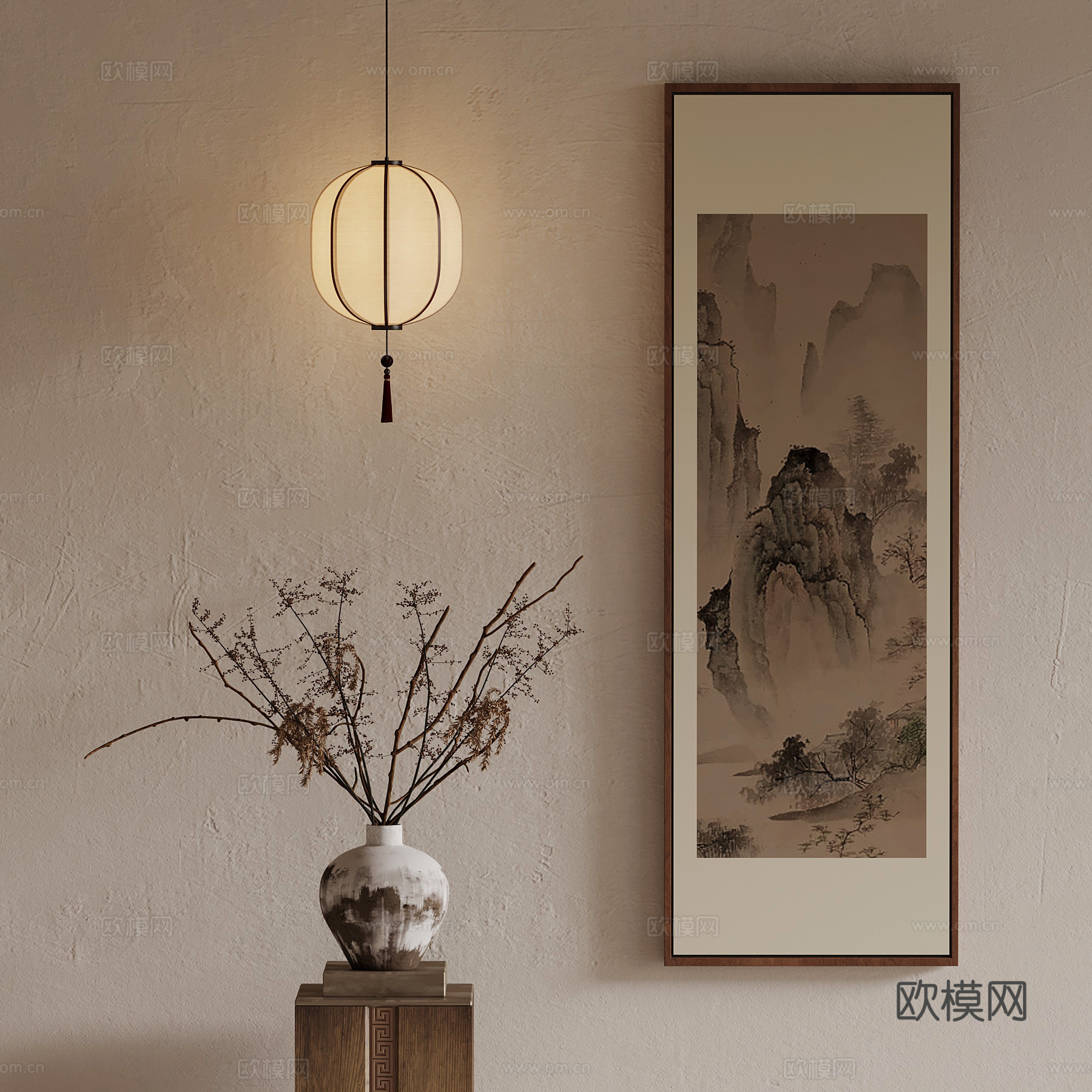 10新中式挂画 花瓶 吊灯su模型
