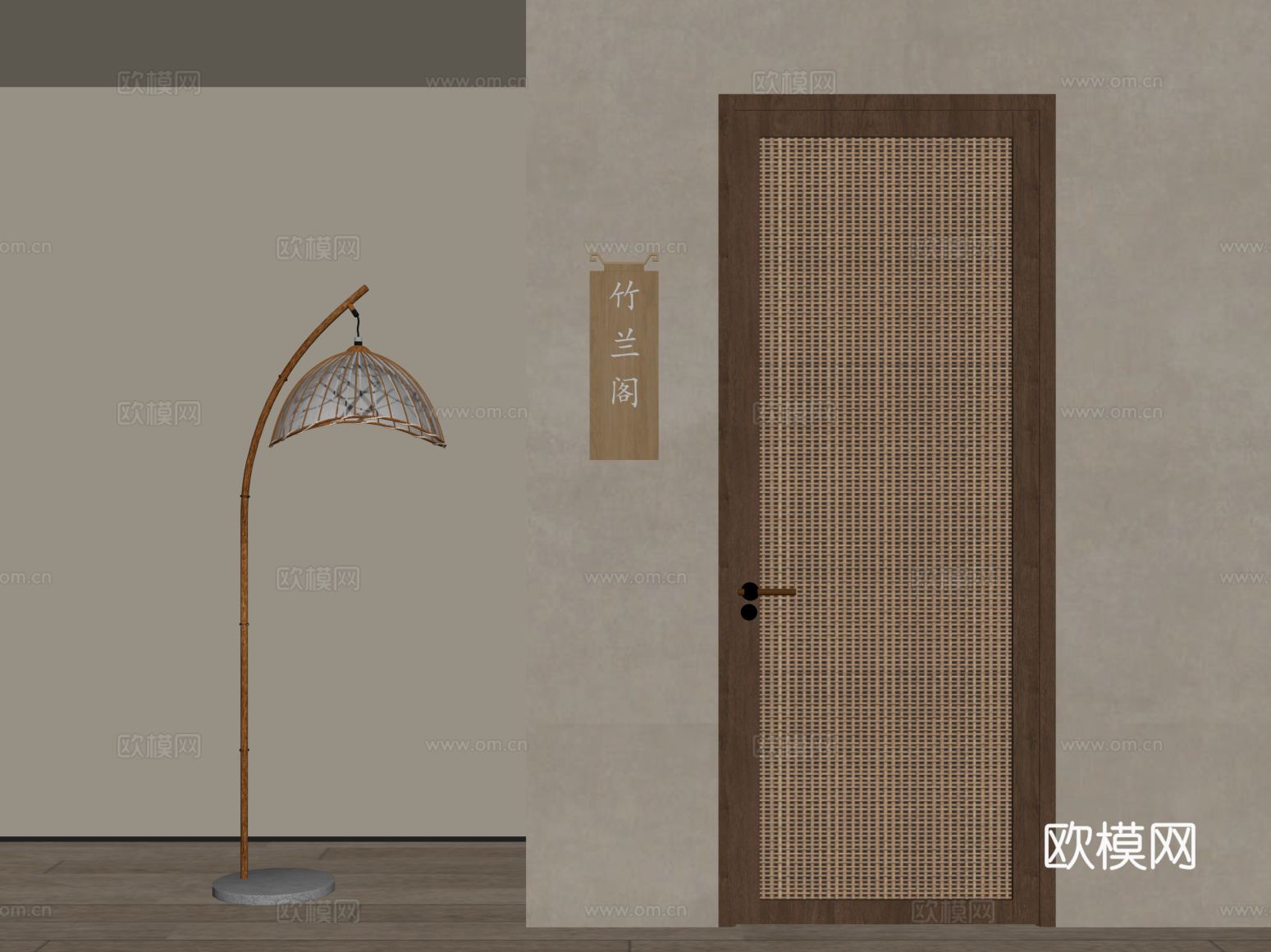 44新中式单开门 藤编木门 落地灯su模型