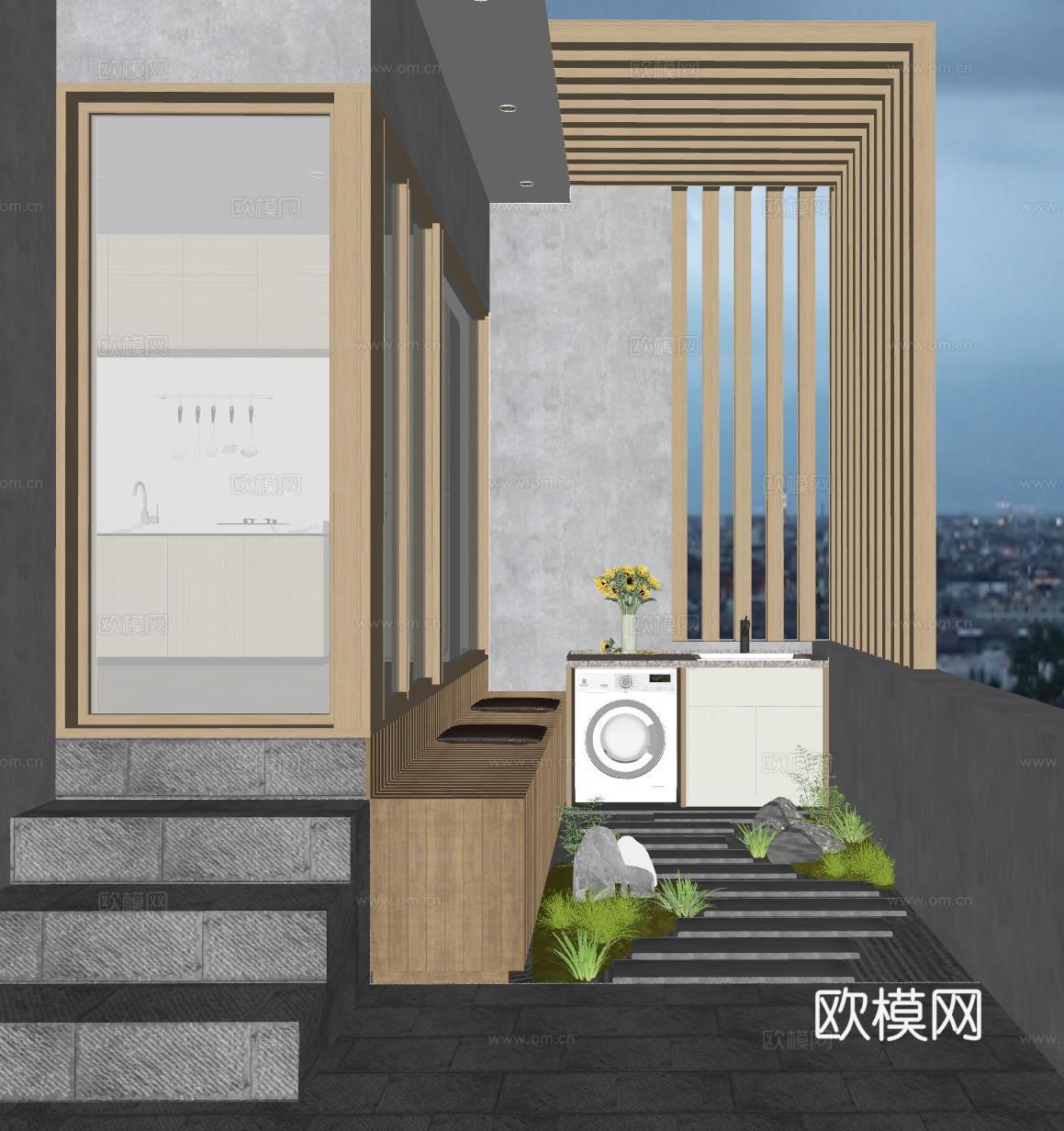 现代阳台 洗衣台su模型