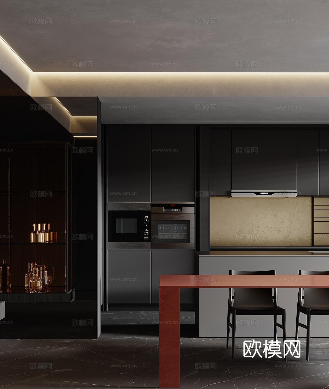 现代意式客餐厅 黑色沙发组合 酒柜 餐桌椅组合3d模型