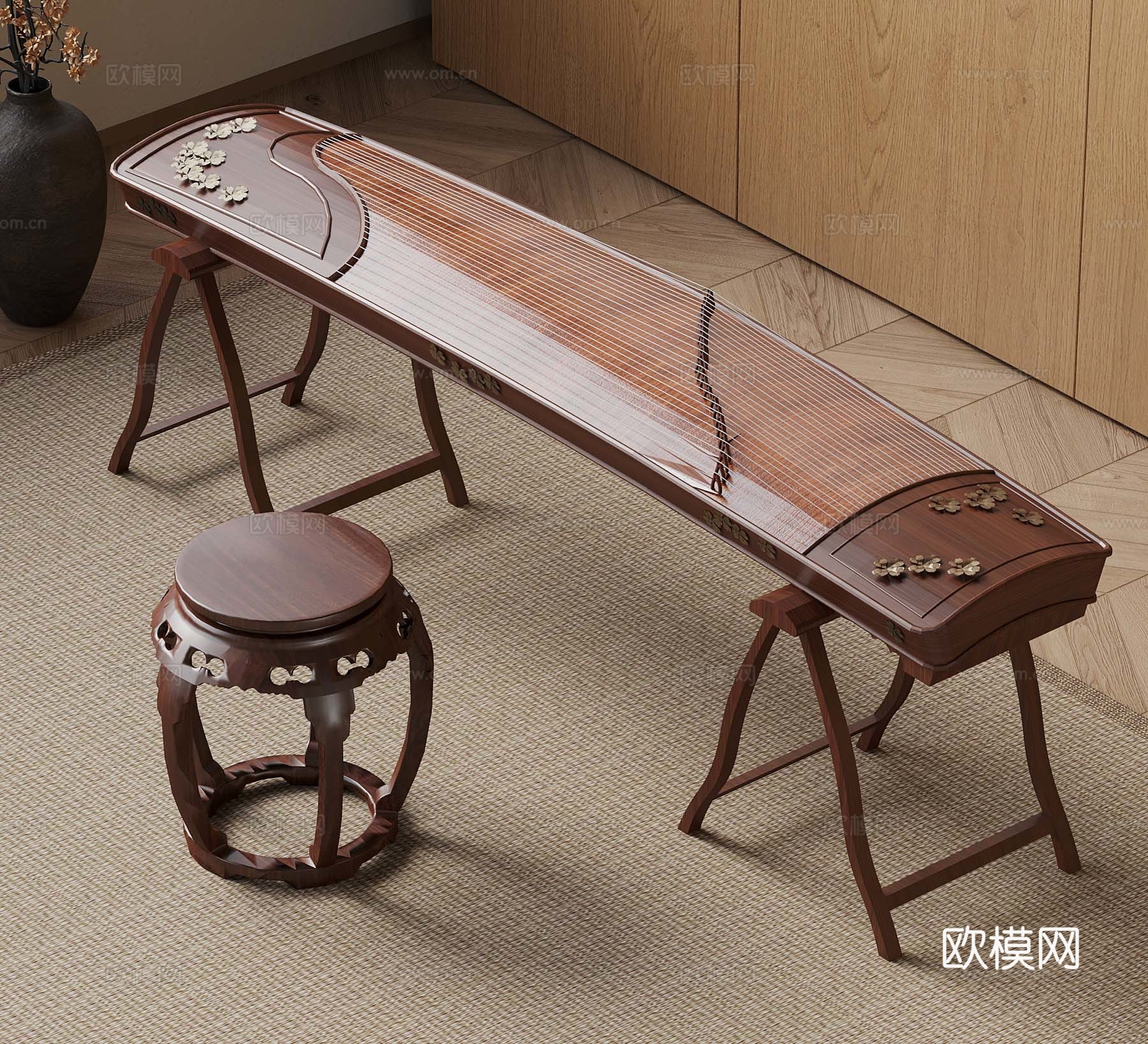 新中式古筝su模型