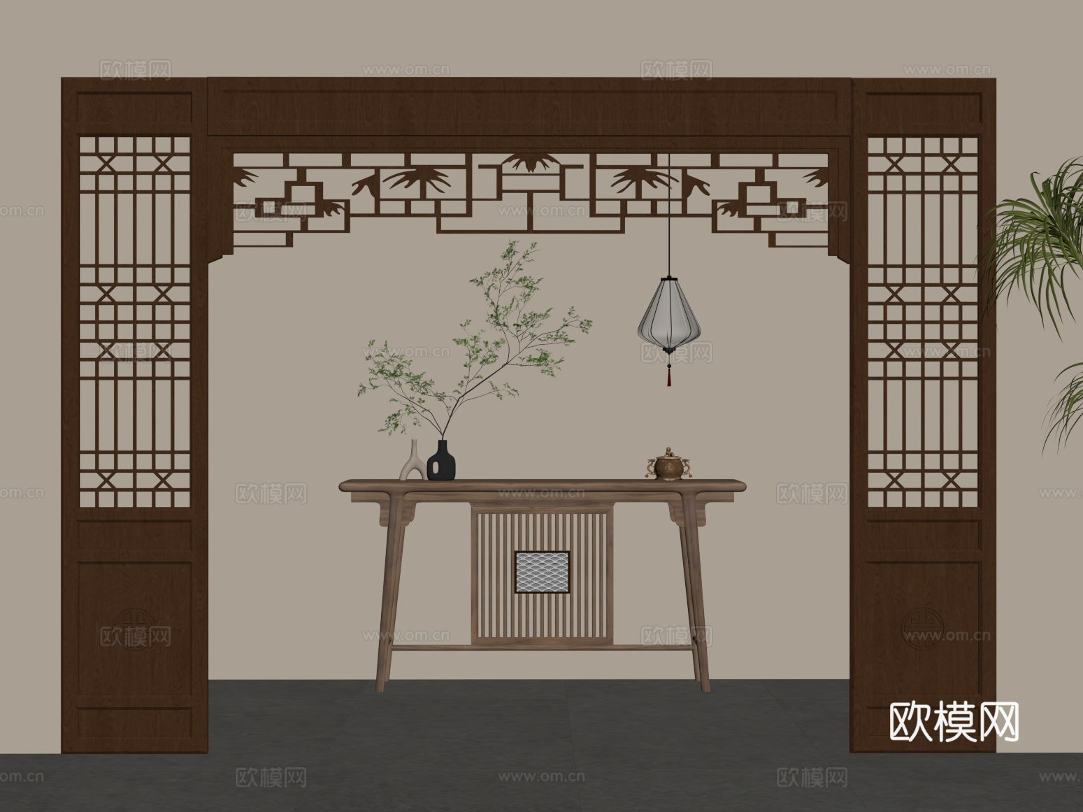 09新中式端景台 吊灯 门套su模型