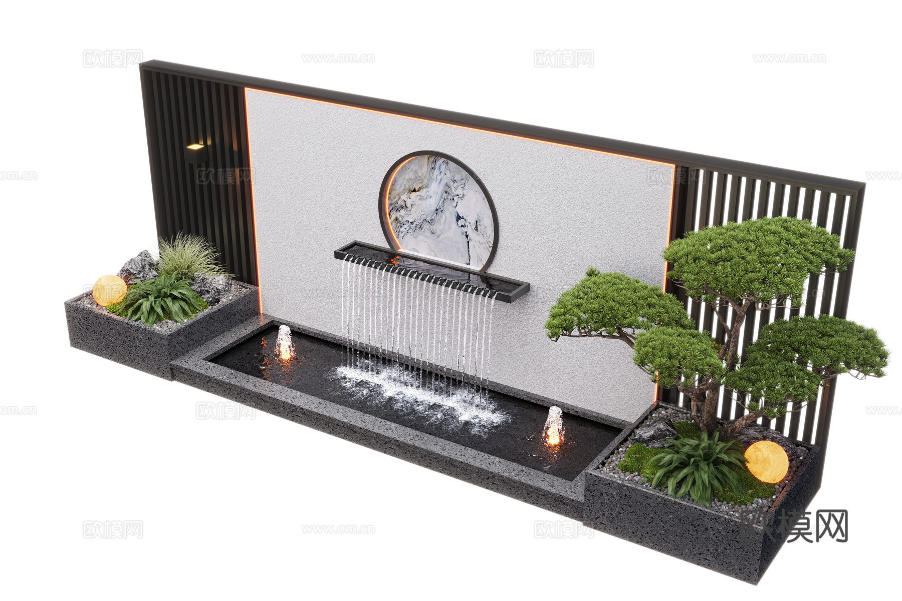 新中式庭院水景墙 景观墙 流水 鱼池3d模型