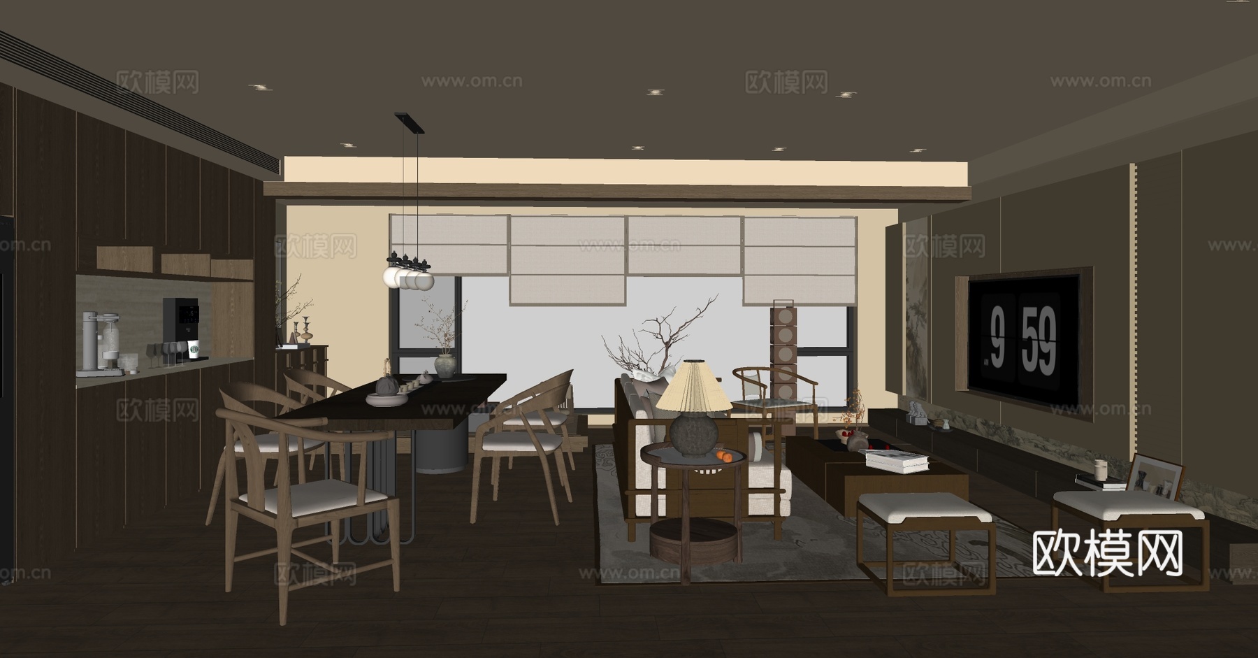 新中式禅意客餐厅 中式宋式客餐厅 沙发茶几组合 餐桌椅组合su模型