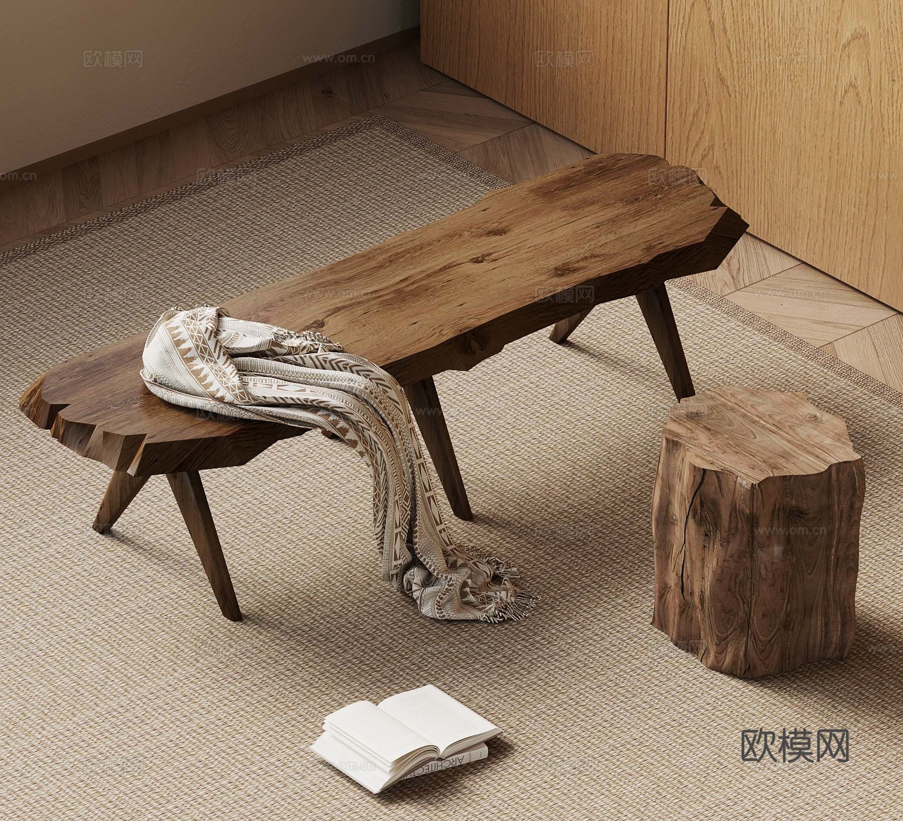 27新中式长凳 中古风条凳 木墩 实木木凳3d模型