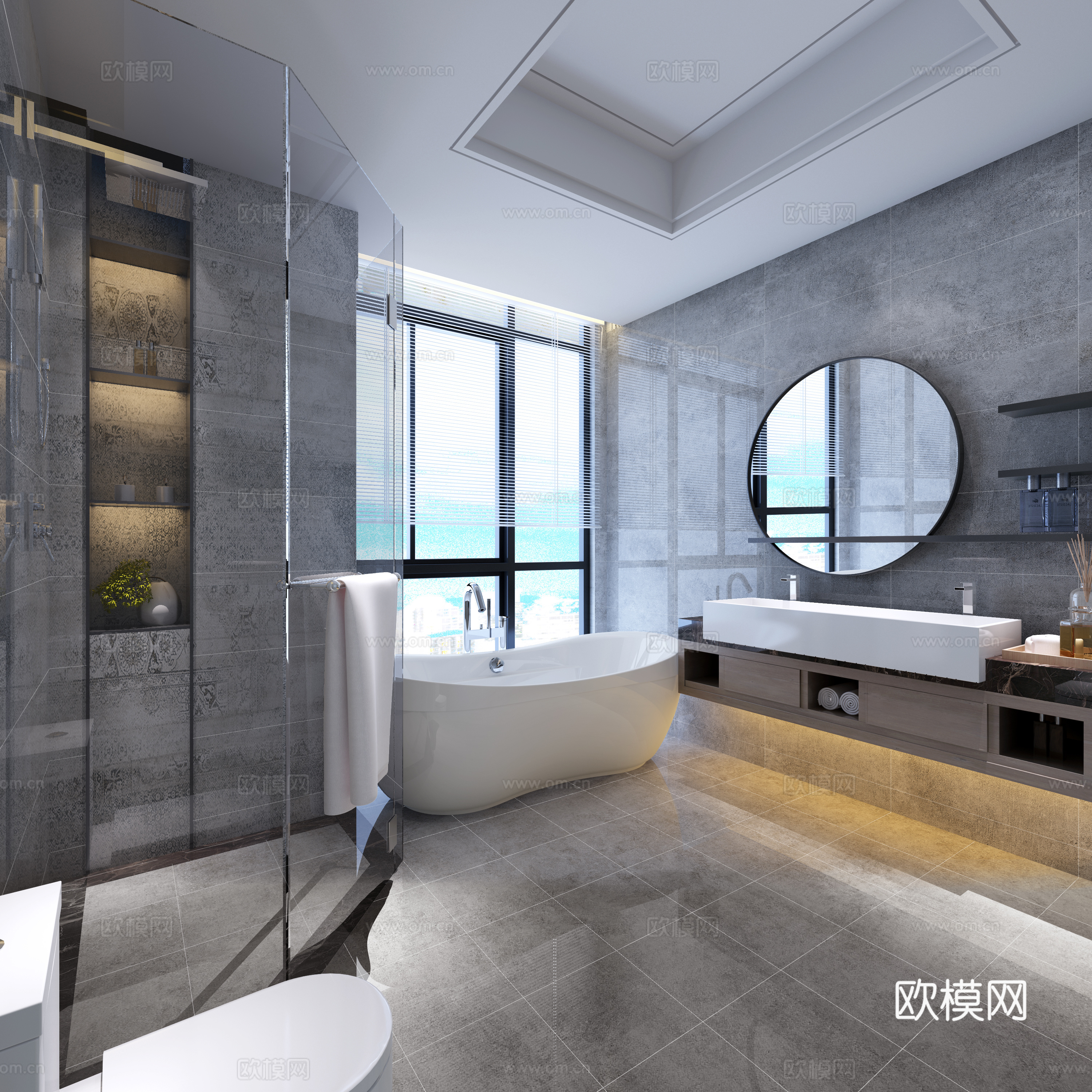 经典新中式卫生间 浴缸 镜子 淋浴间 花洒3d模型