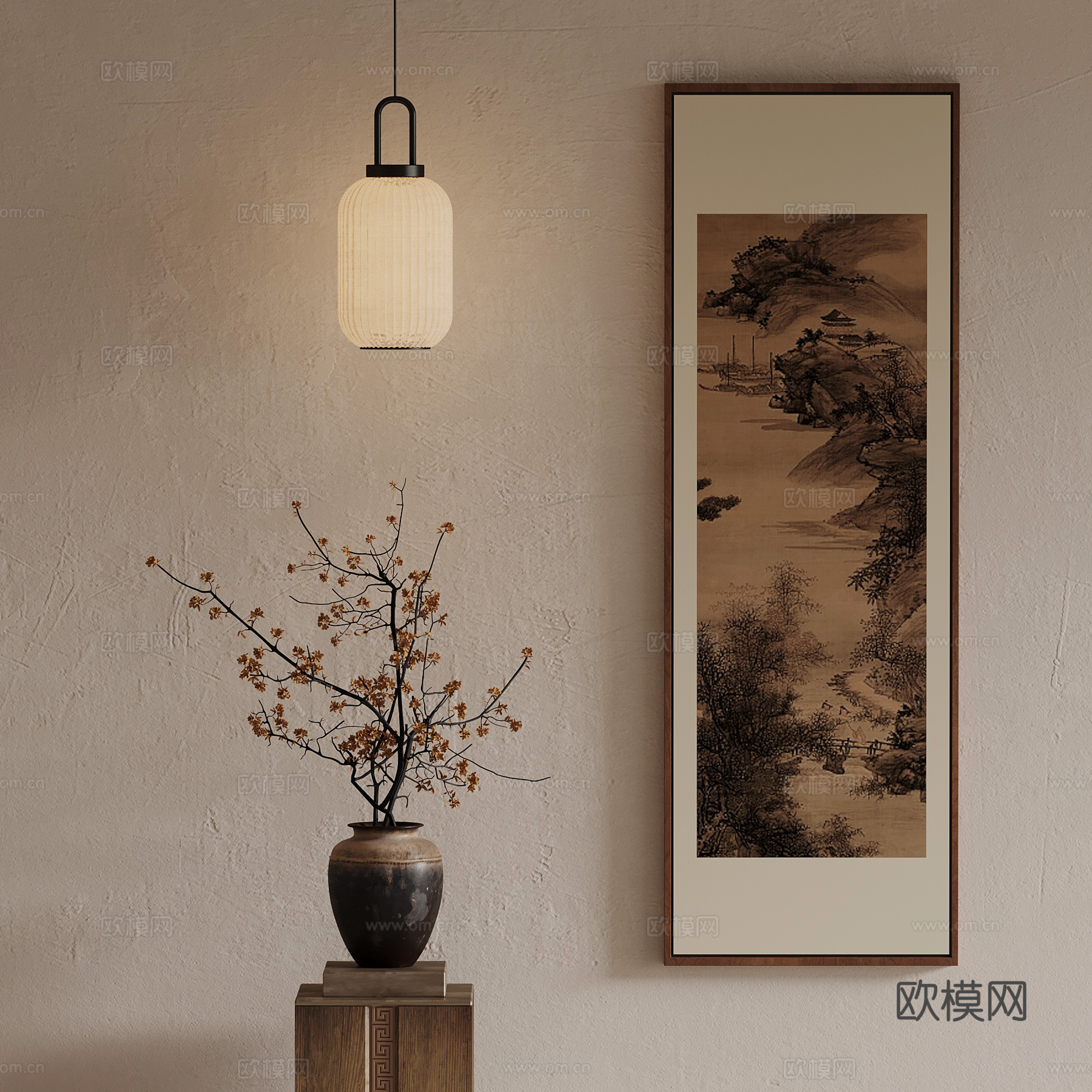 11新中式挂画 花瓶 吊灯3d模型