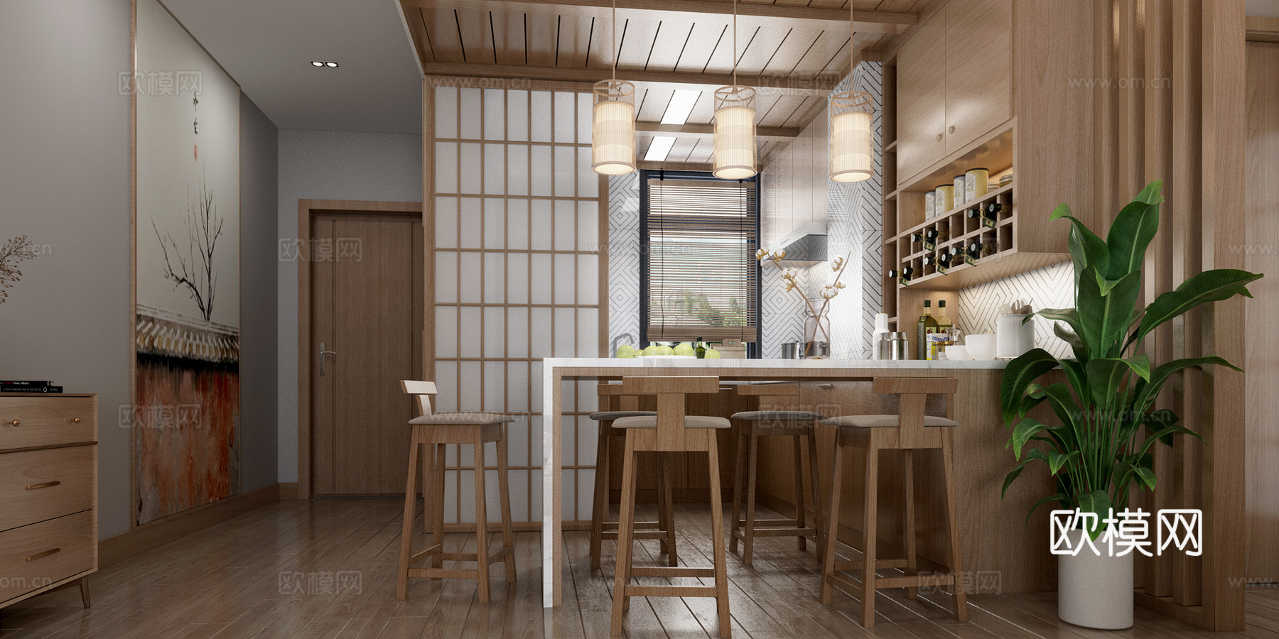 日式客餐厅 沙发 茶几 吊灯 电视柜 挂画 边柜 餐桌椅3d模型