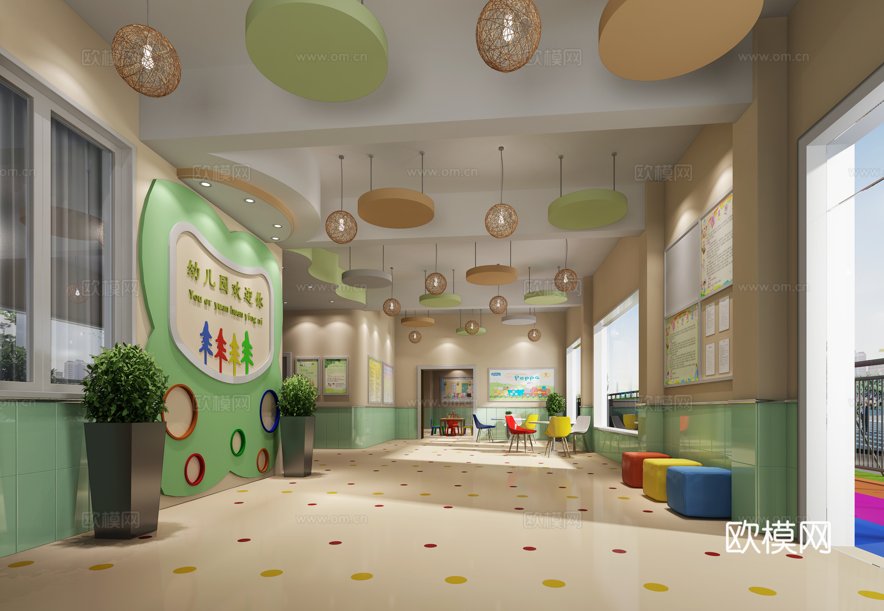 现代幼儿园前台过道大厅3d模型