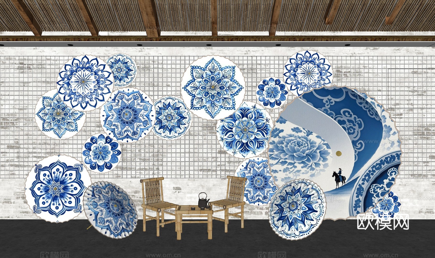 青花瓷油纸伞美陈 油纸伞艺术空间 油纸伞中国风美陈 古风网红su模型