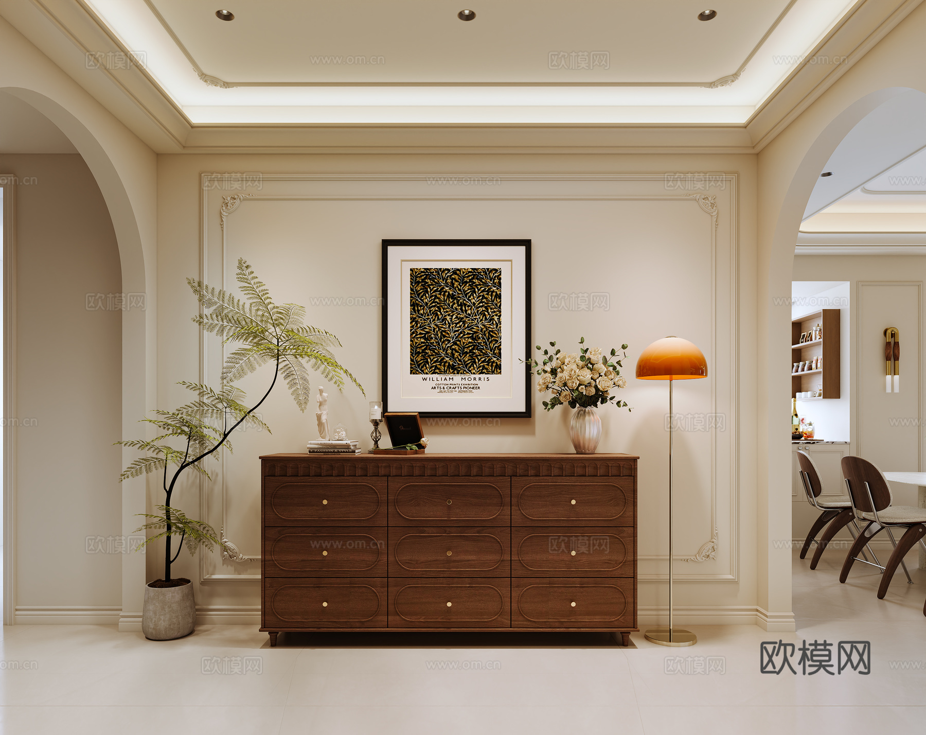 美式玄关背景 美式边柜 美式玄关柜 落地灯 绿植 挂画 美式3d模型
