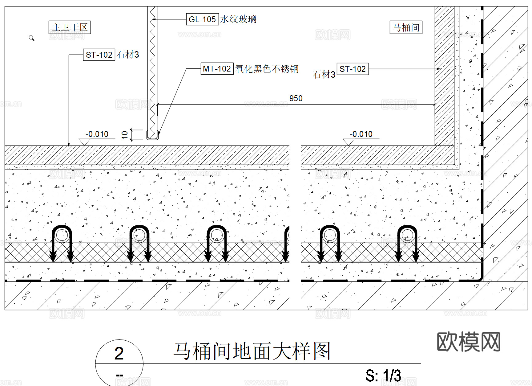 卫生间淋浴间地面排水槽大样图cad施工图