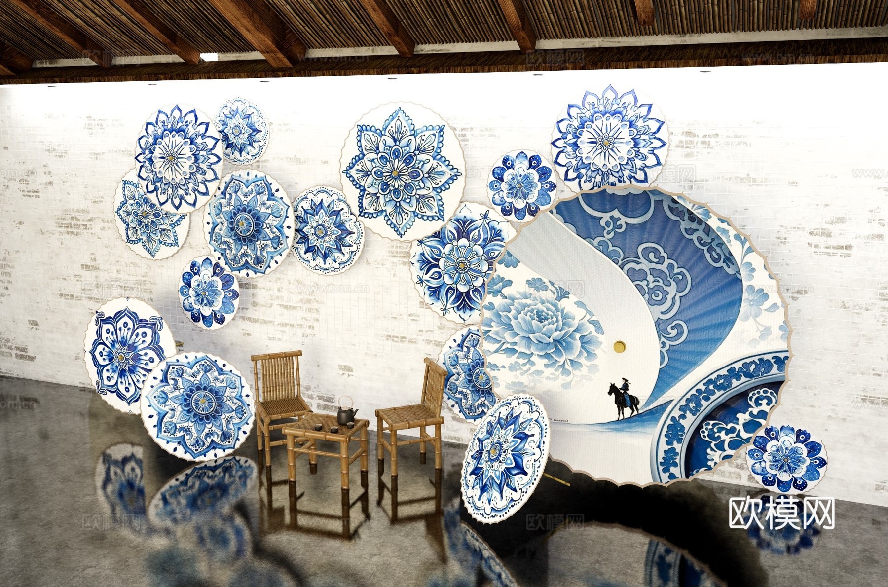 青花瓷油纸伞美陈 油纸伞艺术空间 油纸伞中国风美陈 古风网红su模型