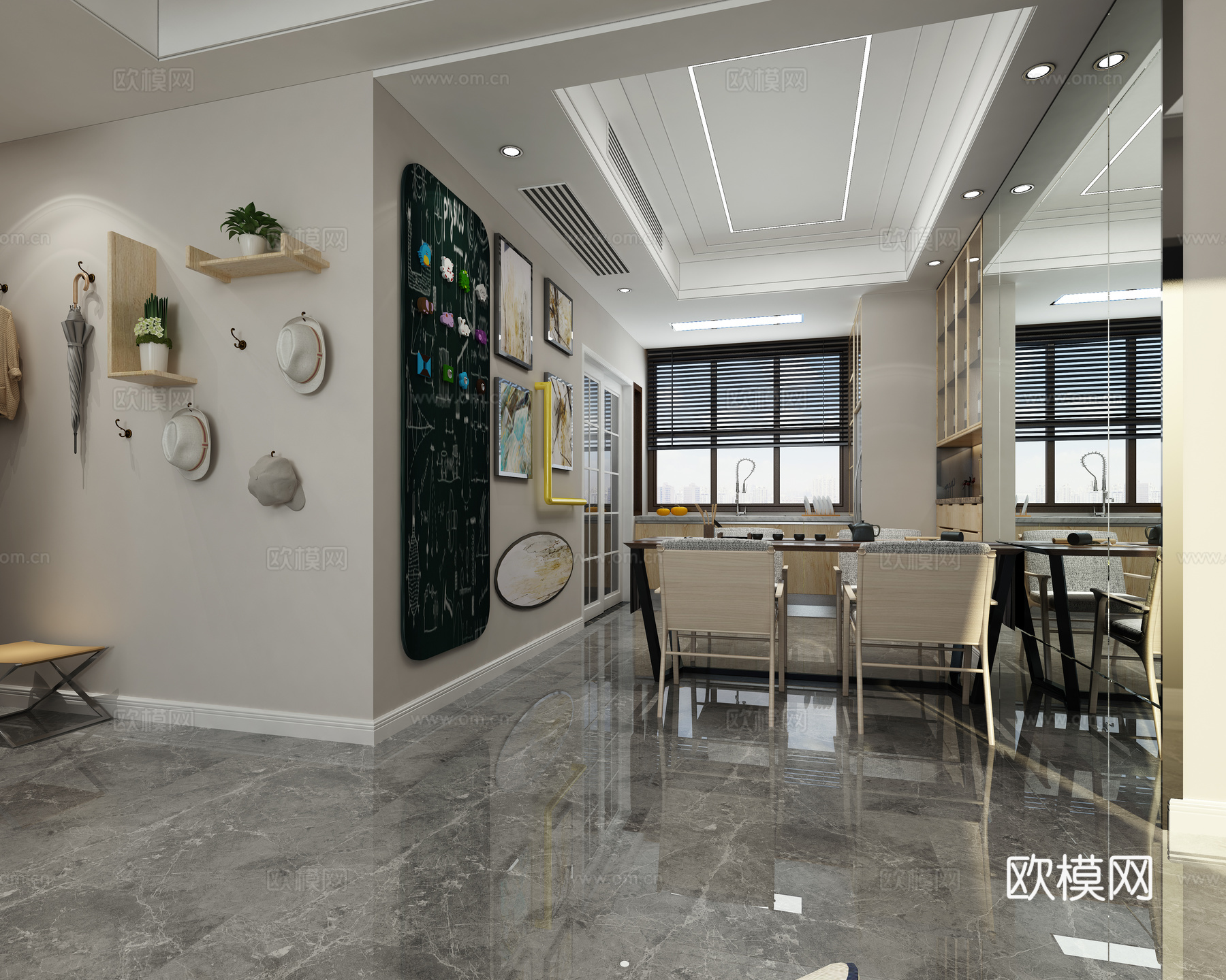 现代客餐厅 沙发 茶几 吊灯 电视柜 挂画 边柜 餐桌椅3d模型