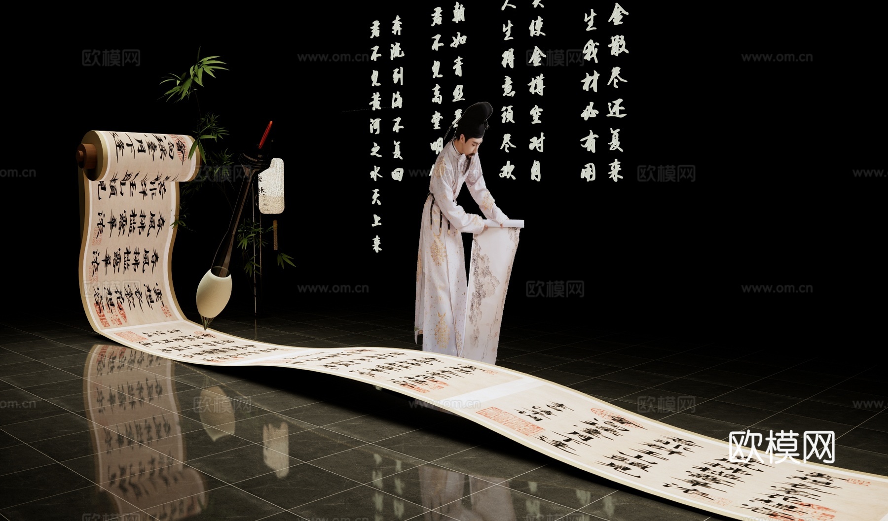 唐诗宋词卷轴美陈 书法卷轴造景 毛笔书法艺术装置 诗仙李白su模型