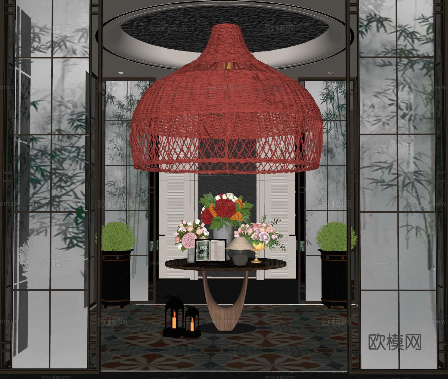 现代大厅 酒店大厅 会所大厅 花艺摆台组合 屏风隔断su模型