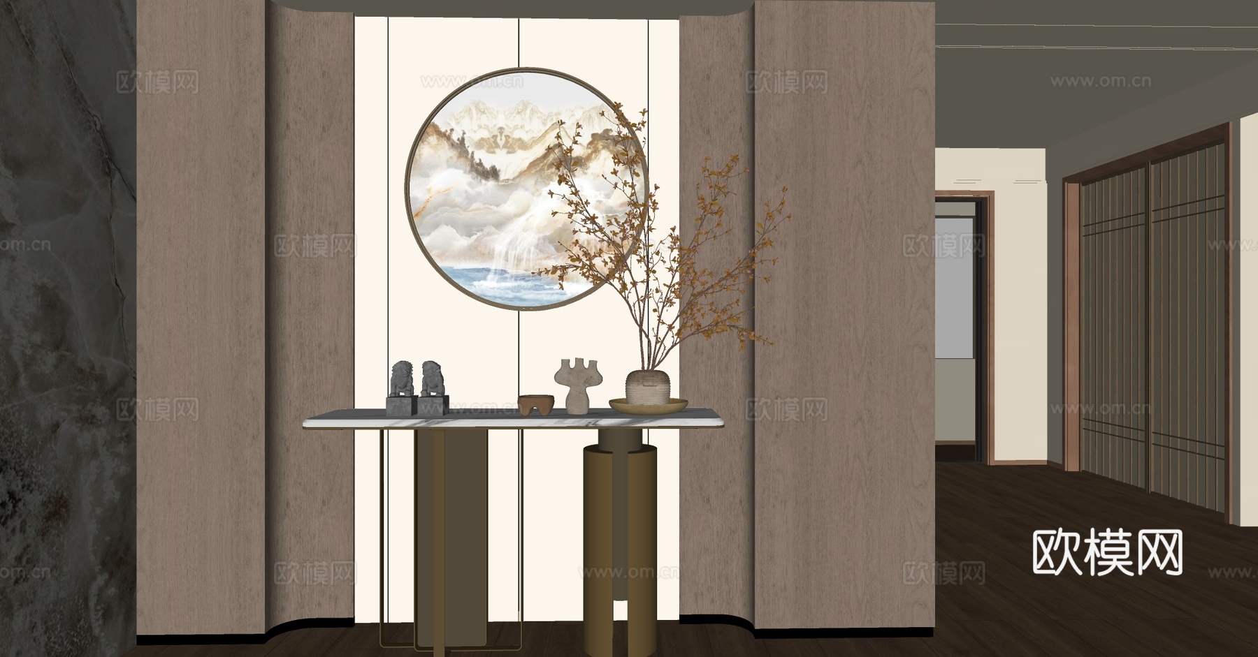 新中式条案 新中式玄关 宋式玄关条案 金属端景条案 花艺插花su模型